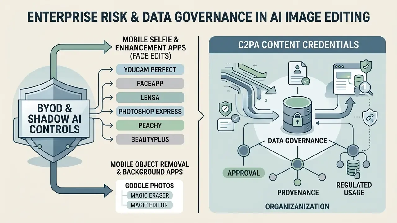 Diagram contrasting mobile AI app controls with C2PA content credentials and data governance workflows