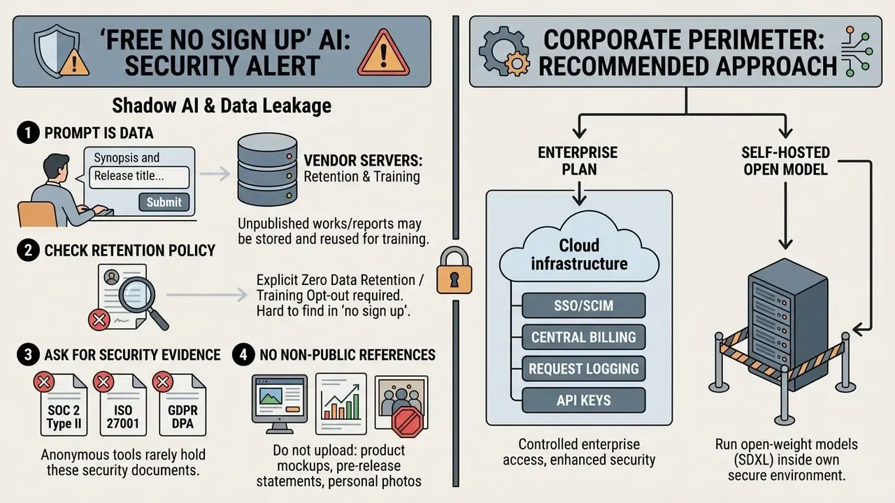 Comparison infographic showing security risks of anonymous AI tools versus controlled enterprise environments