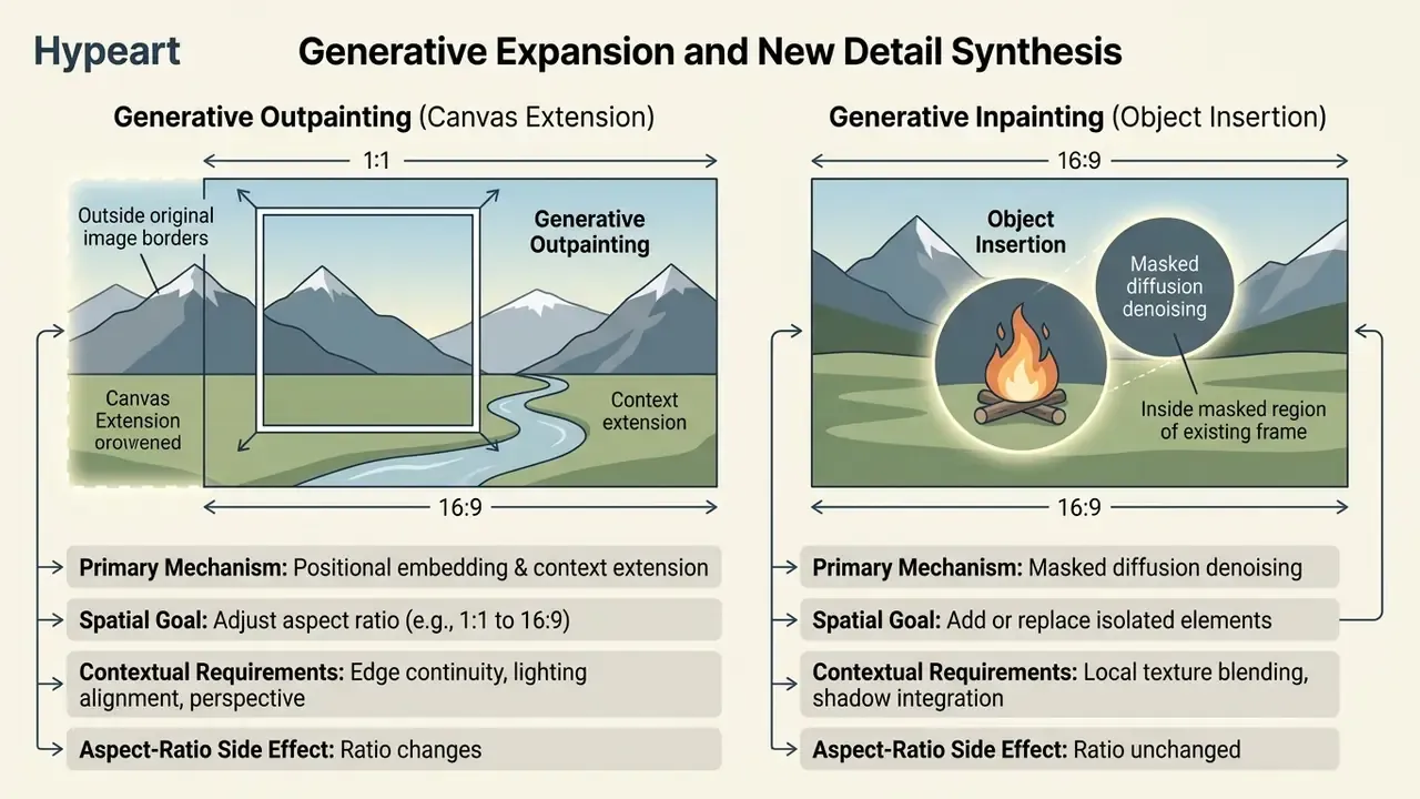 Side by side comparison of generative outpainting for canvas extension and inpainting for object insertion