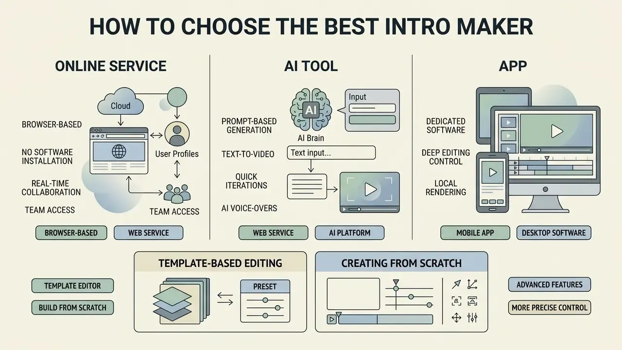 Comparison chart detailing differences between online services, AI tools, and apps for video creation