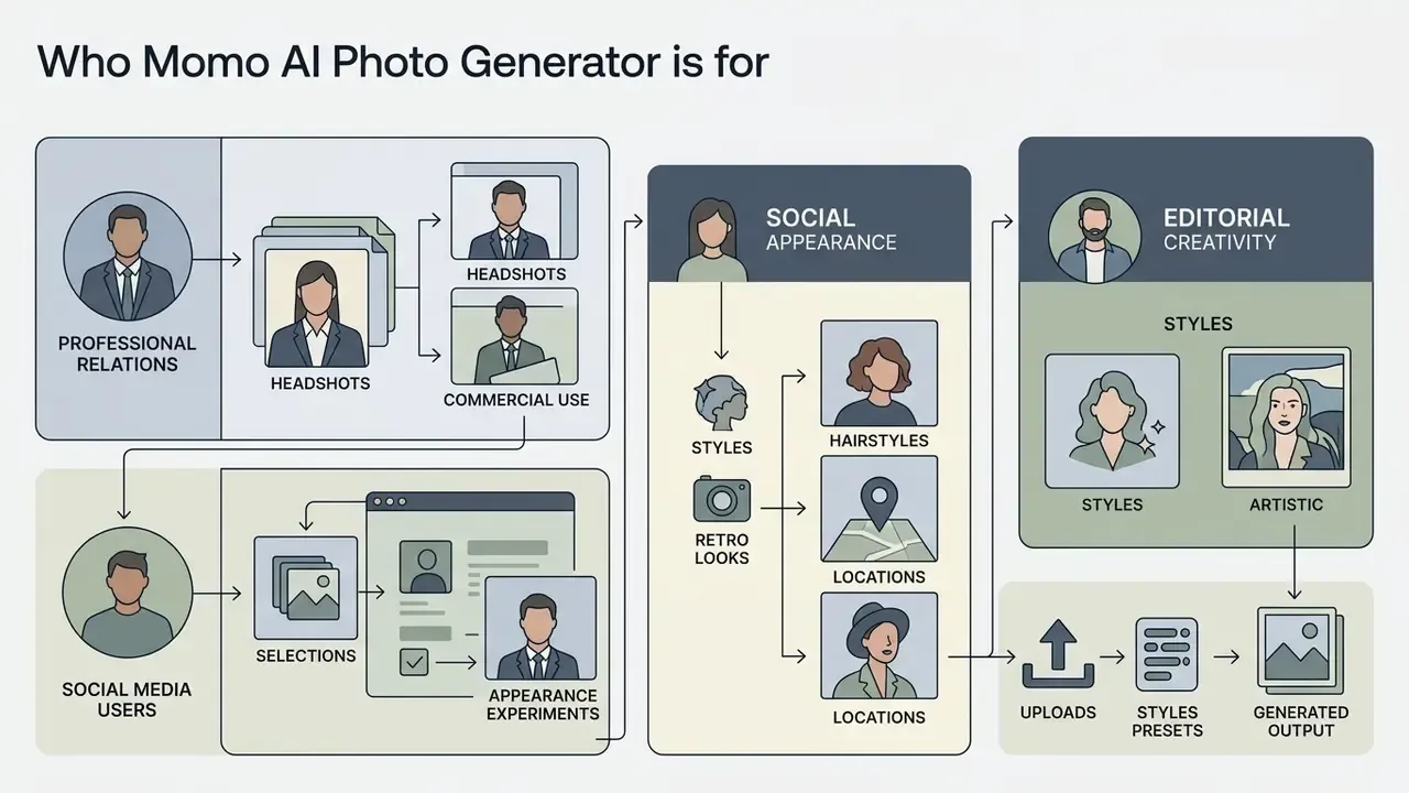 Flowchart displaying user categories and customization options for professional and creative photo editing