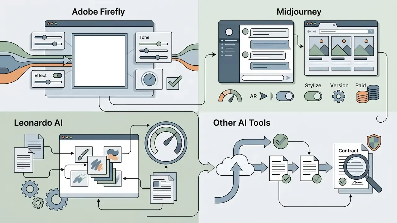 Four quadrants showing user interfaces and workflows for Adobe Firefly, Midjourney, Leonardo AI, and others
