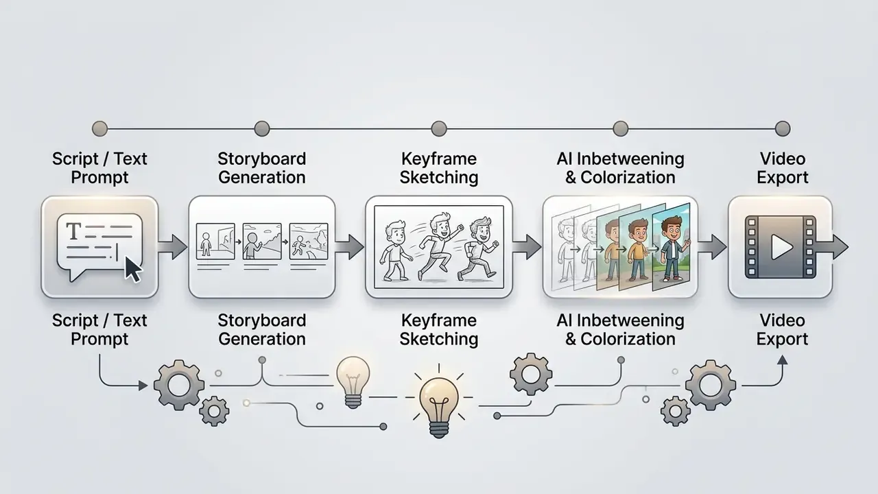 Linear workflow showing animation production from text prompt to storyboard, sketching, and video export