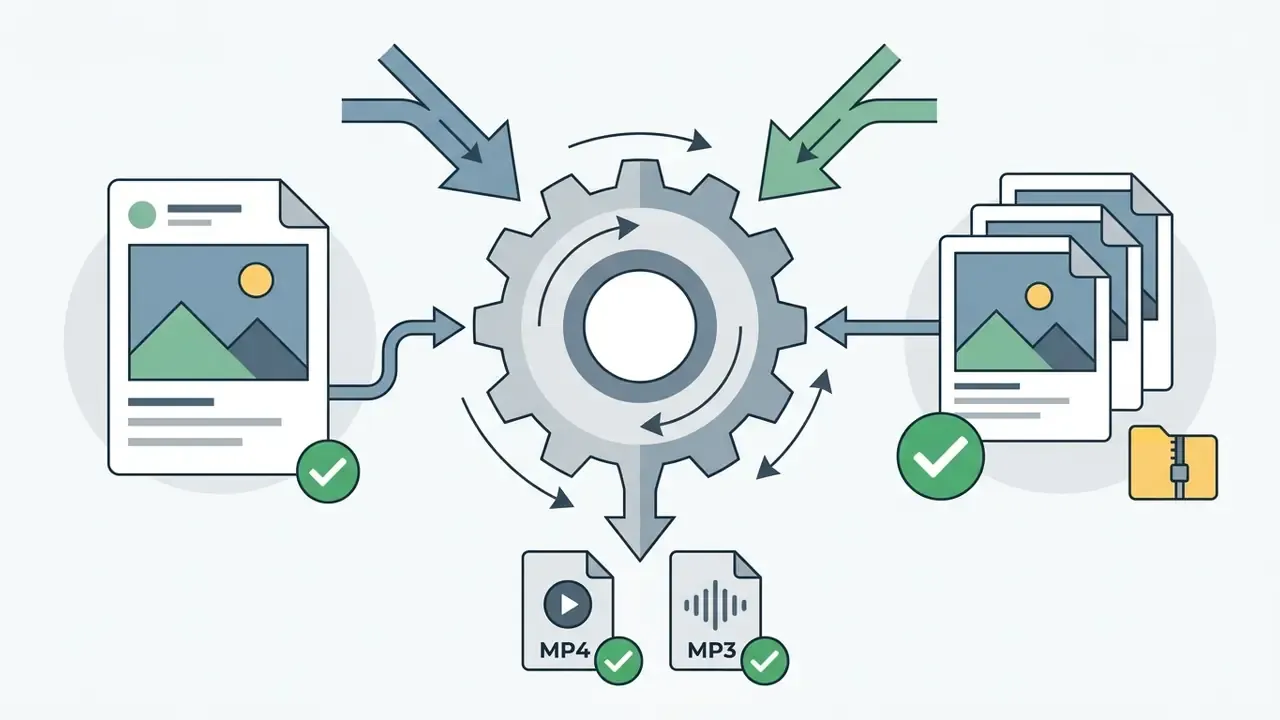 Diagram showing a central gear processing photo post URLs into individual image files and ZIP archives