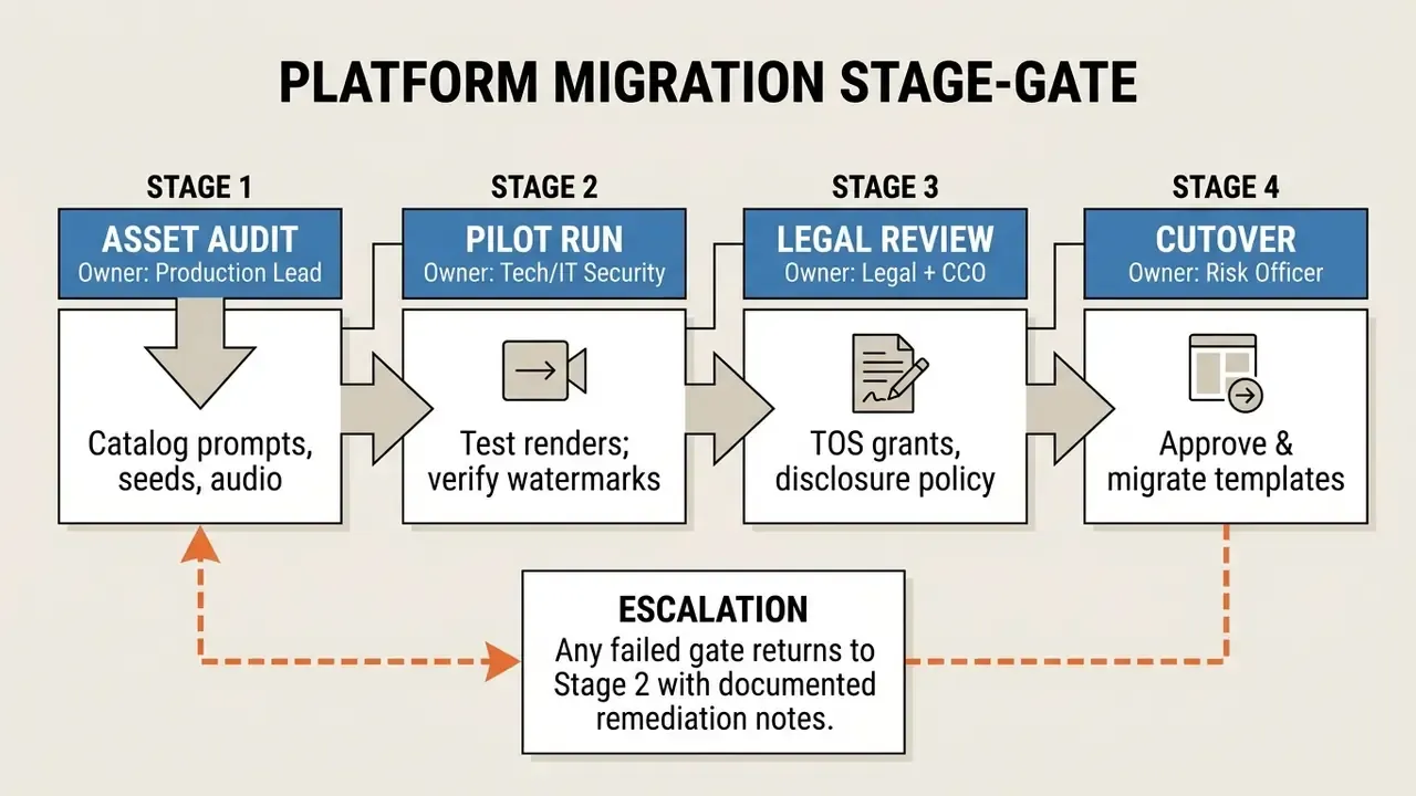 Four stage process diagram for migrating to a no-watermark AI video alternative with escalation path