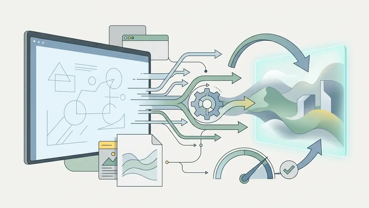 Vector sketches on a screen flowing through a gear into a rendered landscape with a speed gauge indicator