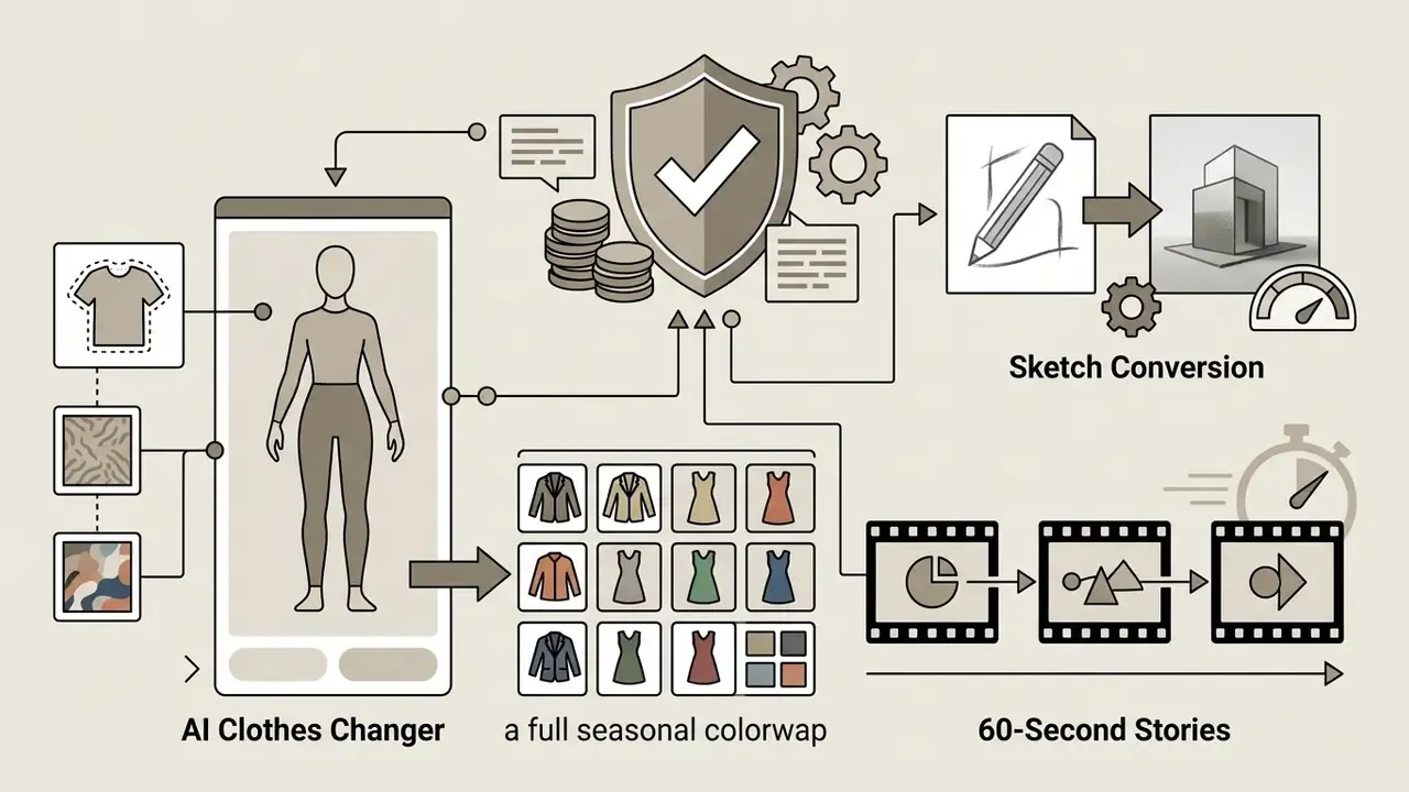 Process map showing AI tools for changing garment textures, converting sketches, and creating video stories