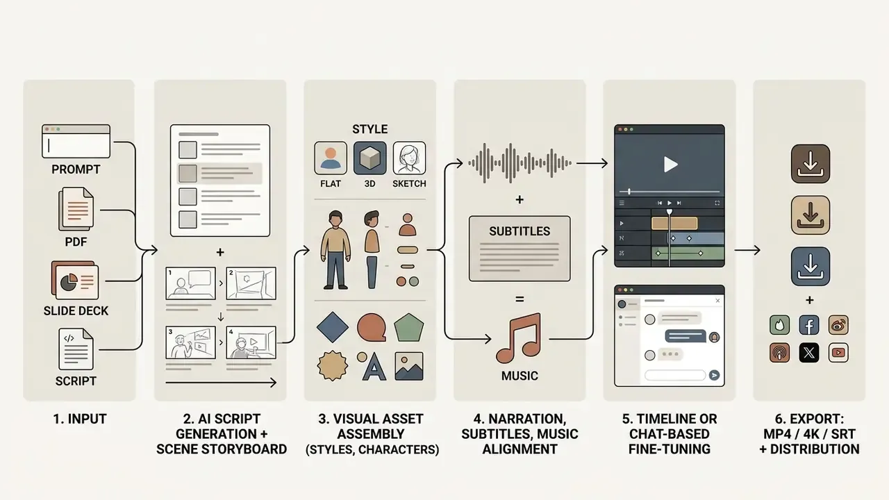Flowchart illustrating the six steps of an explainer video maker pipeline from input to final export