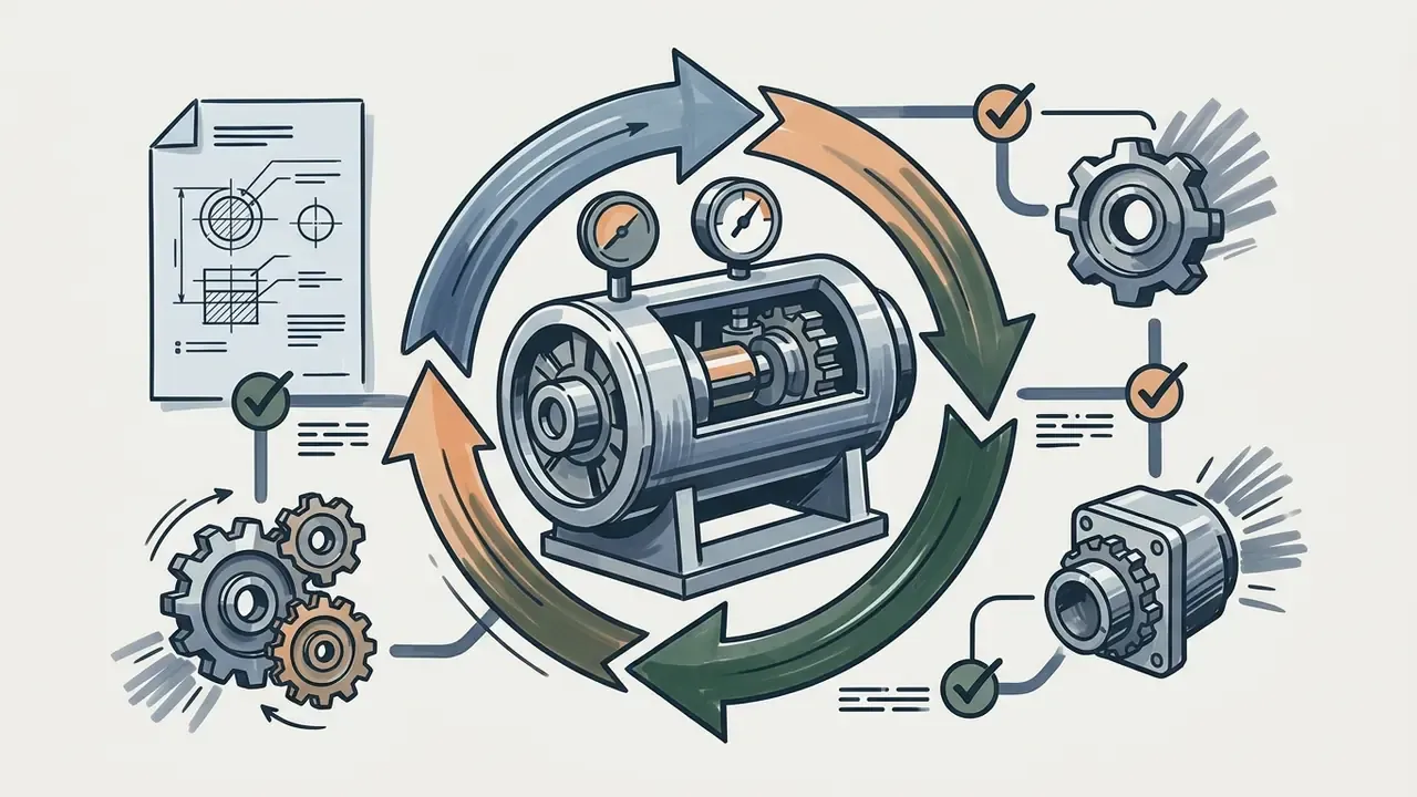 Mechanical components and technical drawings cycling through a central motor with pressure gauges