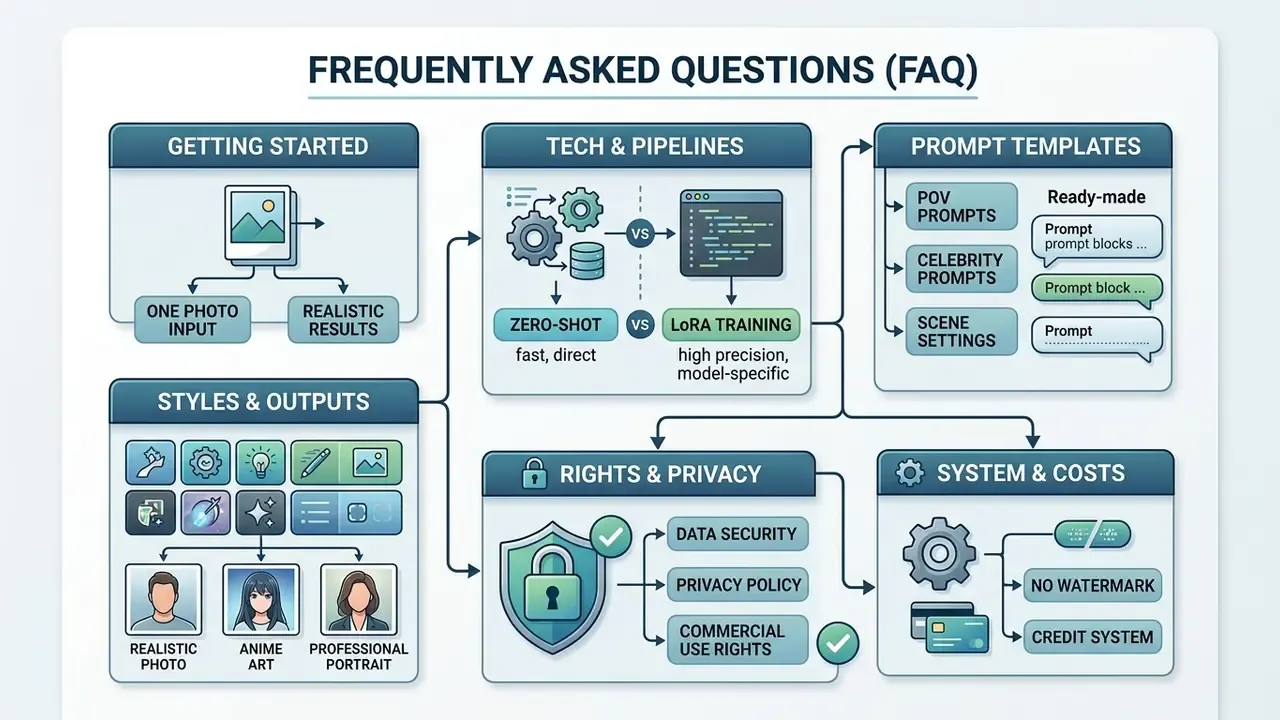 Flowchart organizing frequently asked questions about generative pipelines, prompt templates, and privacy