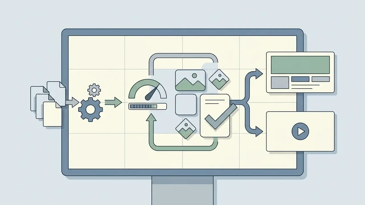 Documents feeding into a gear system that outputs images, performance metrics, and checkmark icons