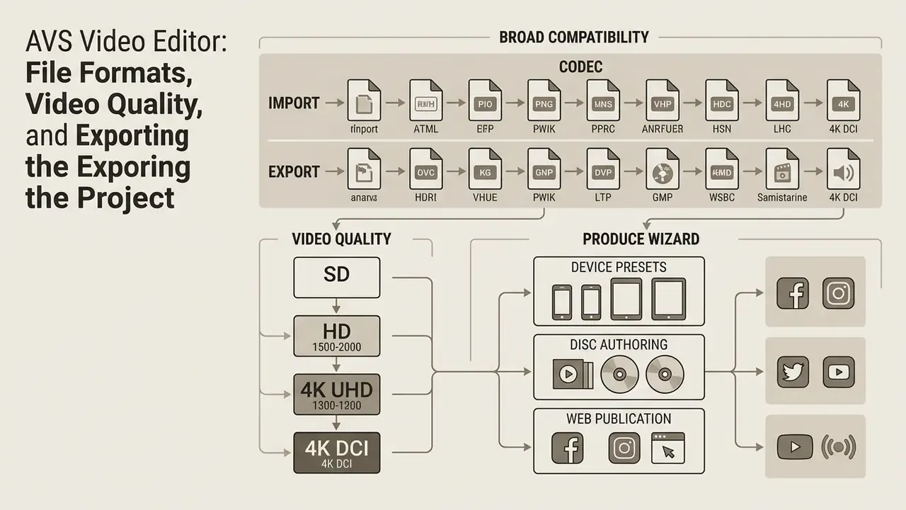 Diagram showing media import and export formats, video quality levels, and output options for devices