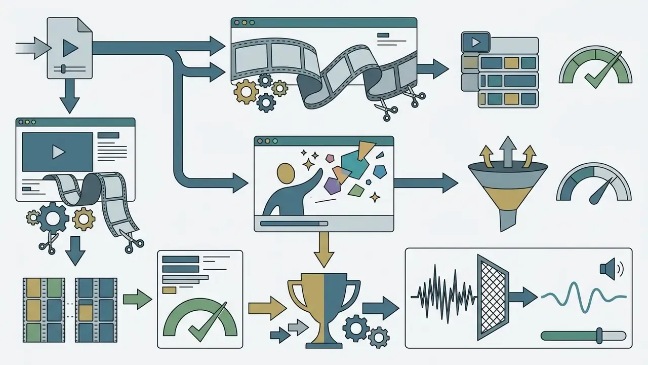 Process map showing video file ingestion, automated clipping, synthetic content creation, and audio cleanup