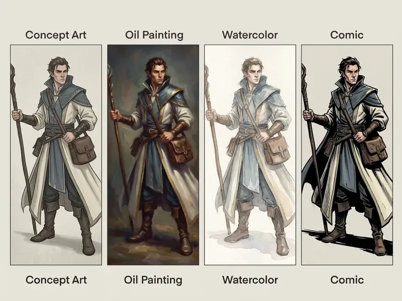 Four versions of a fantasy wizard character rendered in concept art, oil painting, watercolor and comic styles
