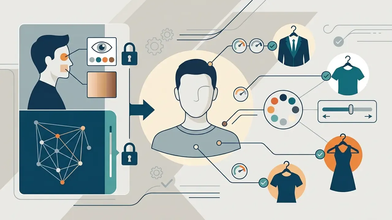 Locked identity traits feeding into an avatar generator with options for clothing and color adjustments