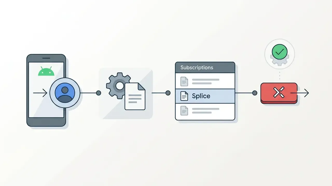 Smartphone screen showing steps to navigate to subscription settings and cancel an active service