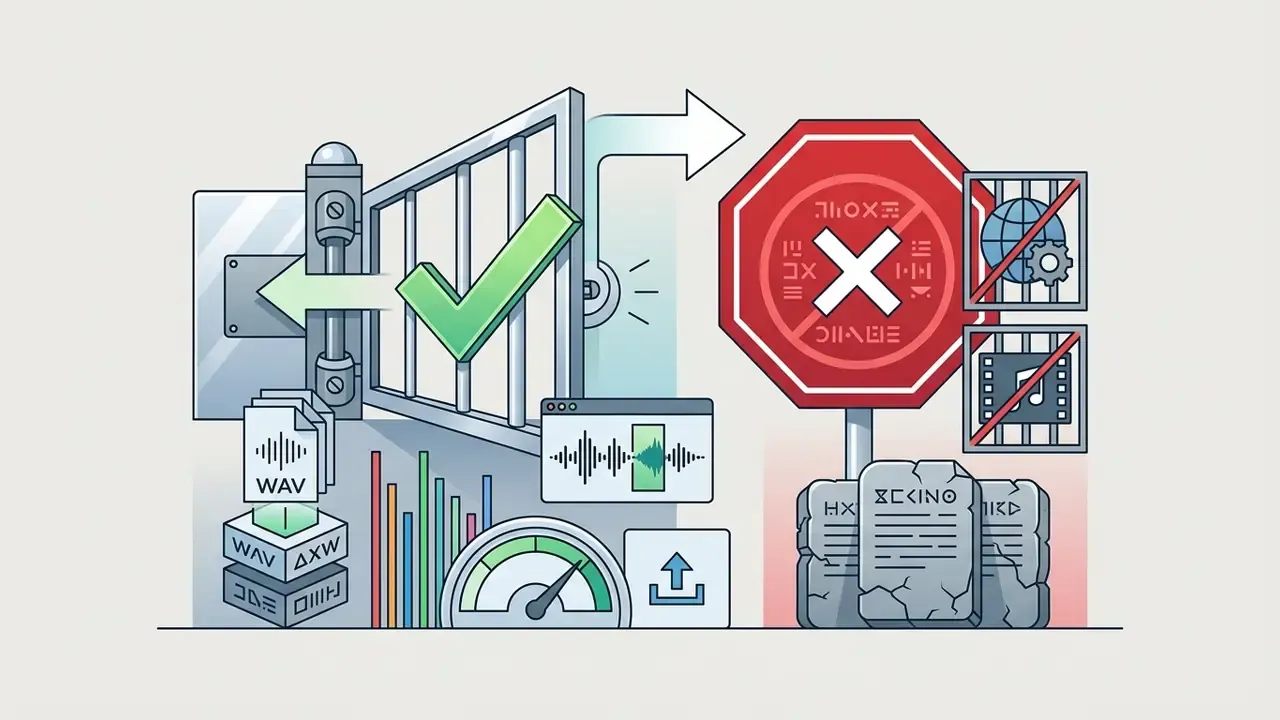 Open gate with checkmark leading to audio tools and a stop sign blocking global and media distribution