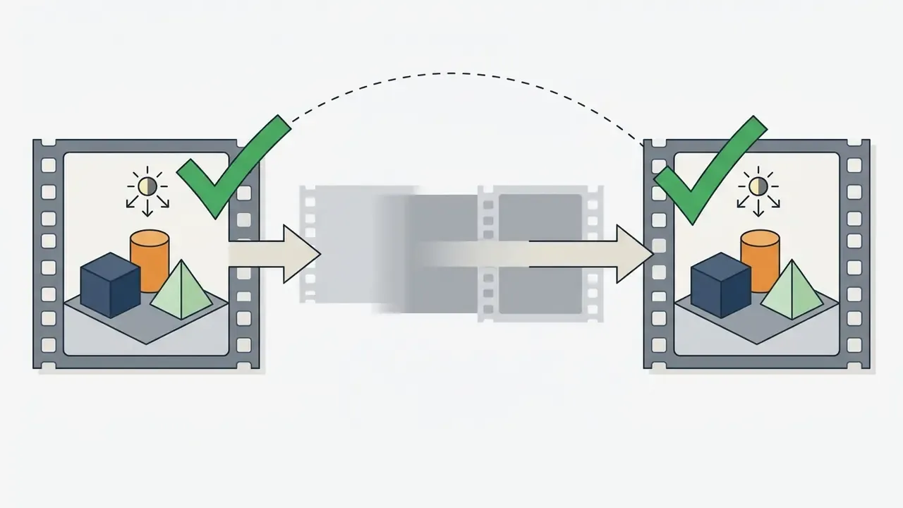 Two film frames with identical subjects connected by a motion blur arrow to show consistent framing