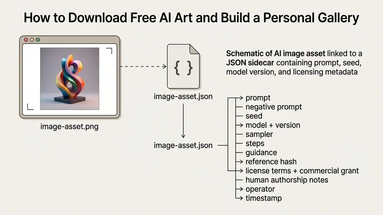 Diagram showing an image file connected to a JSON sidecar file containing metadata parameters
