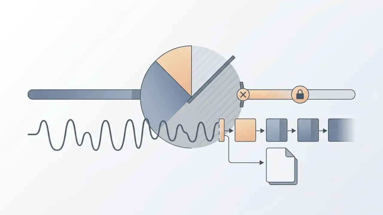 Waveform signal processing into a sequence of blocks and a document icon with a locked slider