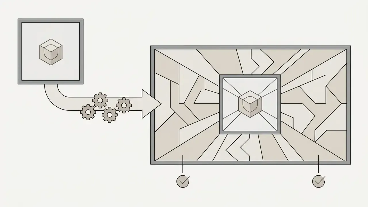 Square frame with a cube icon expanding into a wide rectangular frame through a gear-driven process