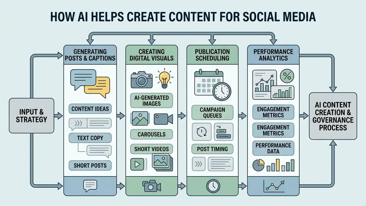 Infographic showing how AI automates social media workflows from strategy to performance analytics