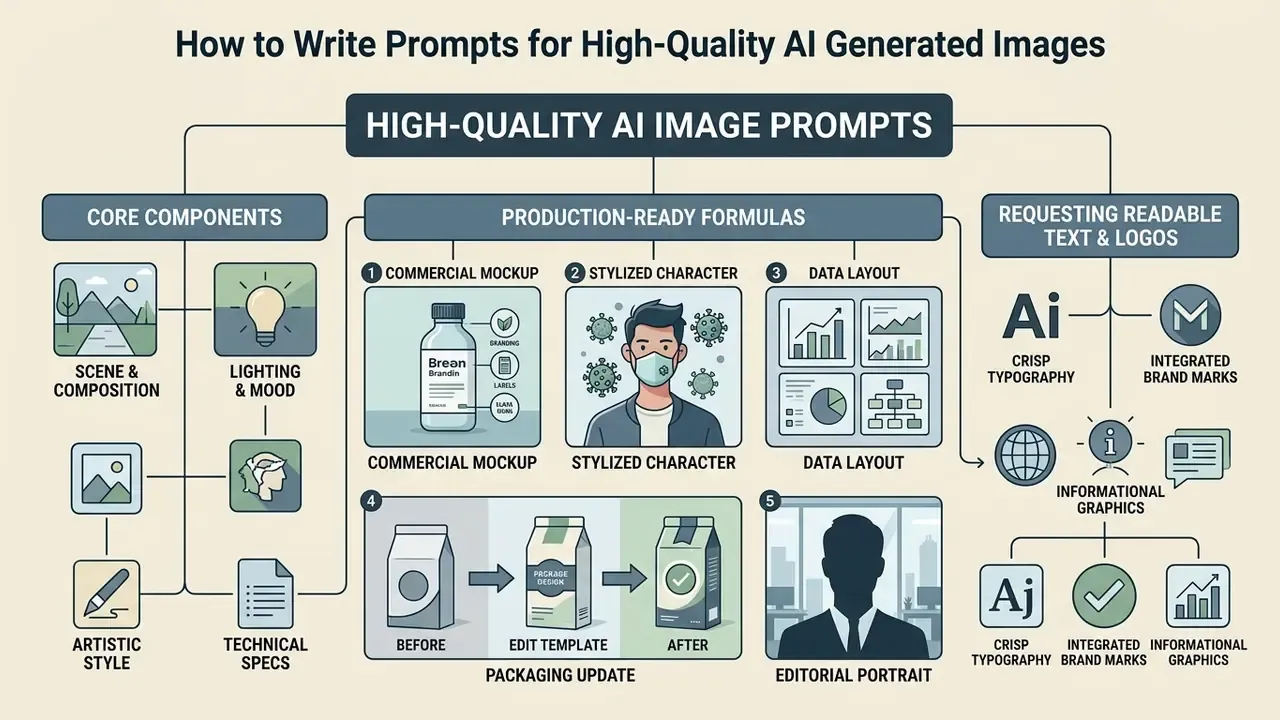 Diagram outlining core components and production-ready formulas for creating chat AI image generator prompts