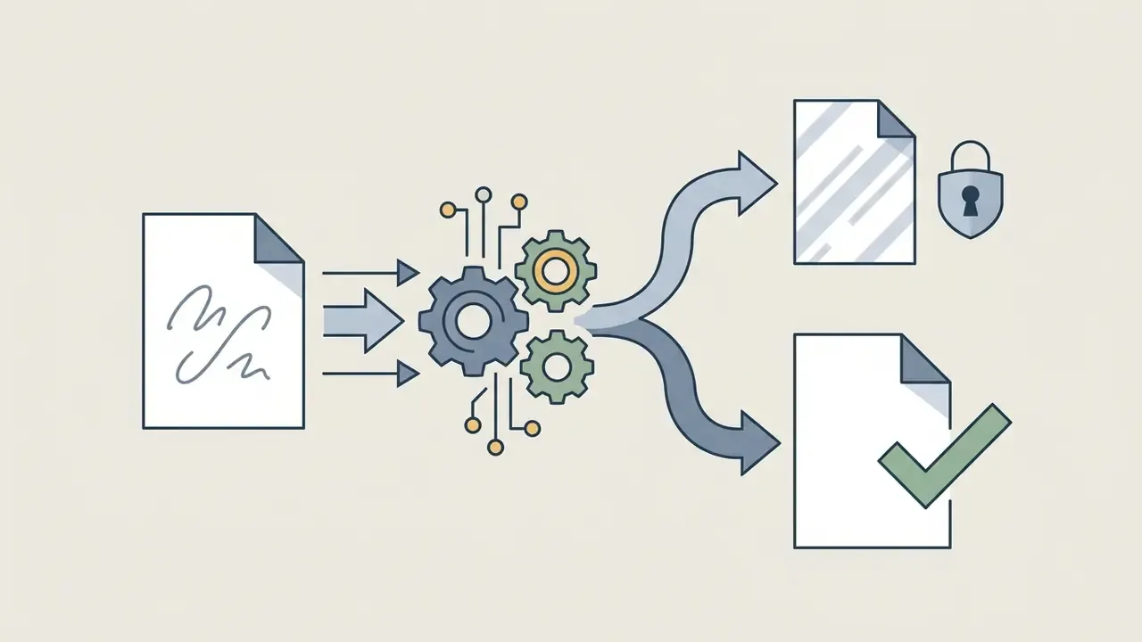 Document passing through a gear mechanism to emerge as either a locked file or a completed task