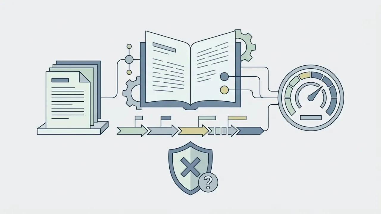 Pages moving through a gear process toward a gauge and a shield icon with an x and question mark