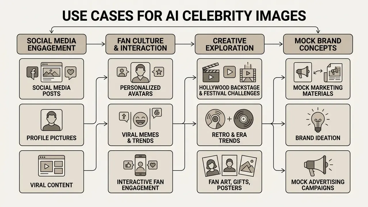 Diagram showing categories for synthetic media applications including social media, fan culture, and branding