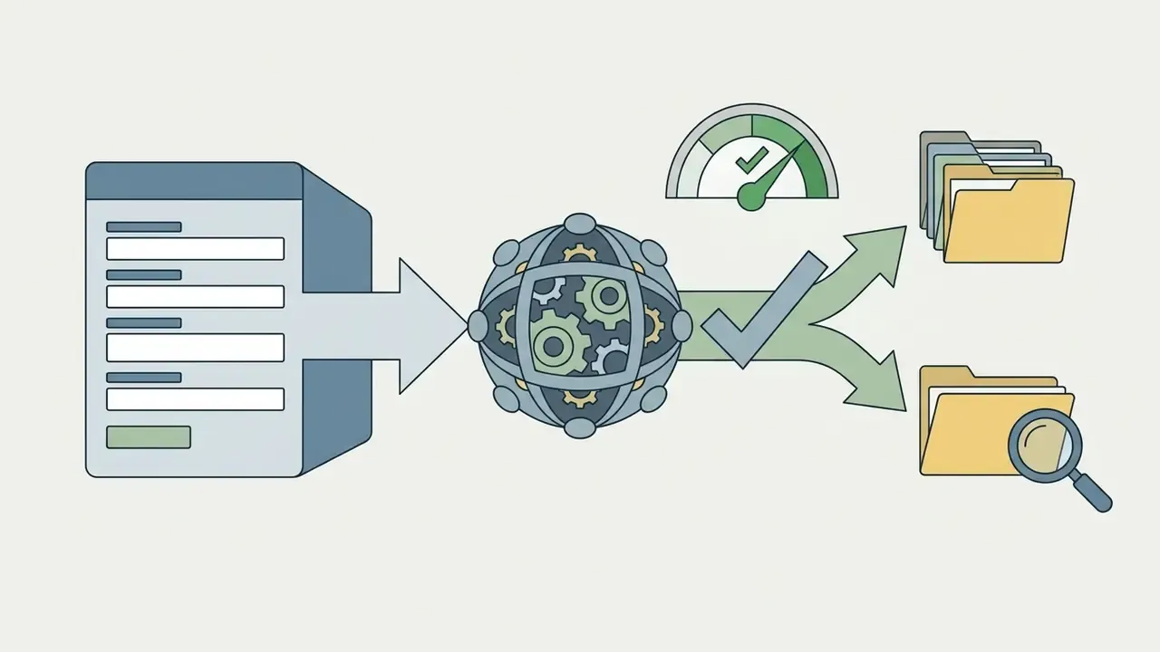 Form fields feeding into a gear mechanism that routes data to storage folders and a search analysis tool