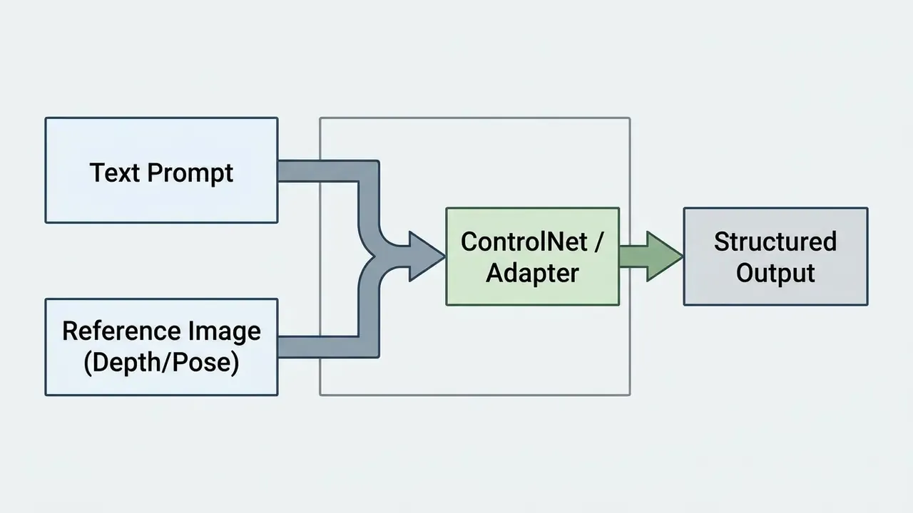 Flowchart showing text prompts and reference images combined through ControlNet to generate output