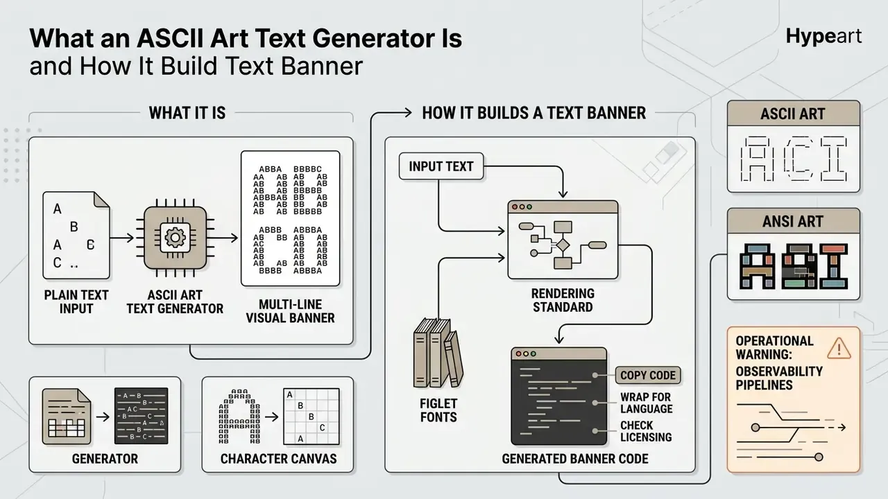 Infographic showing how an ASCII art text generator converts plain text into multi-line visual banners