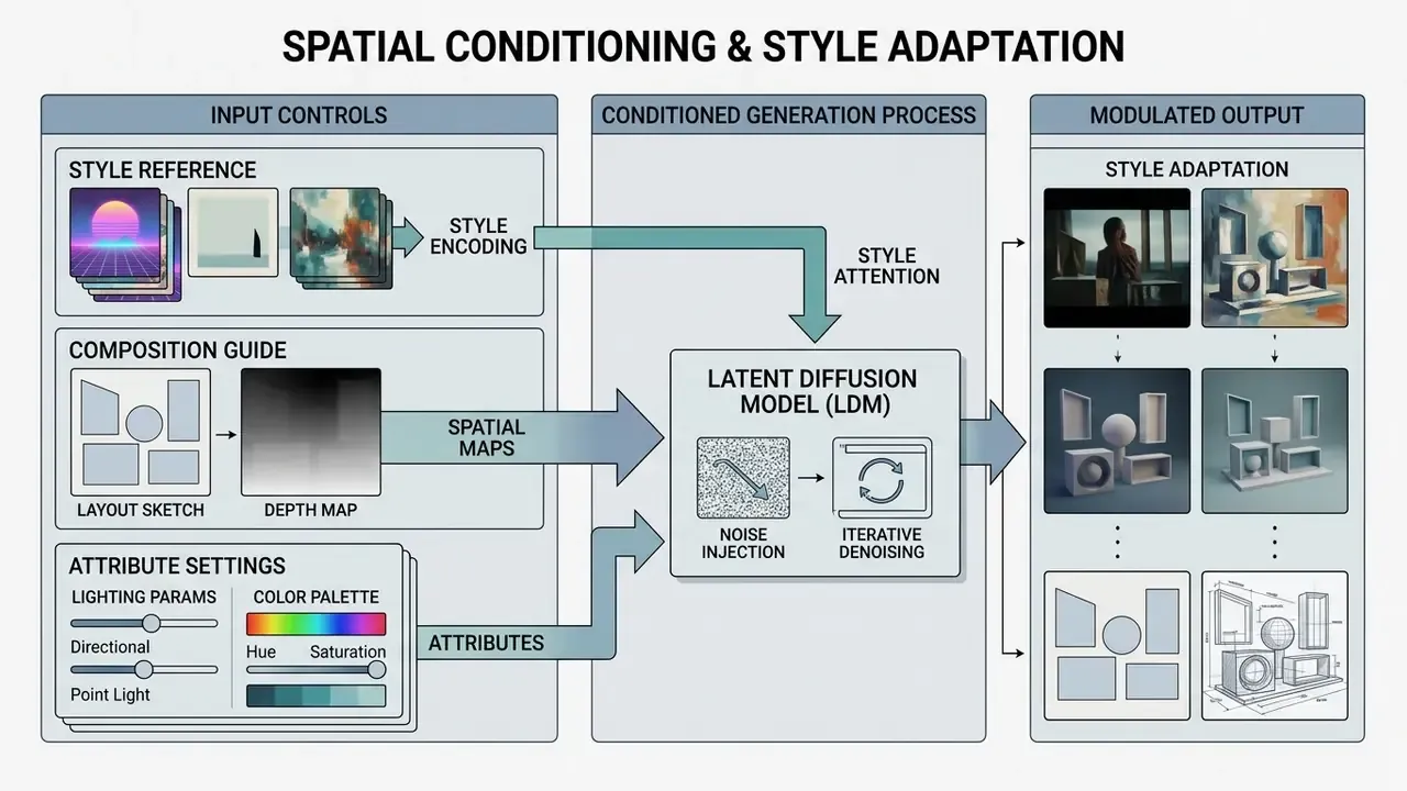 Diagram showing how style references and spatial maps guide a latent diffusion model to generate images