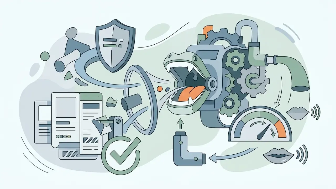 Mechanical dragon head consuming documents and icons near a gauge and sound wave symbols