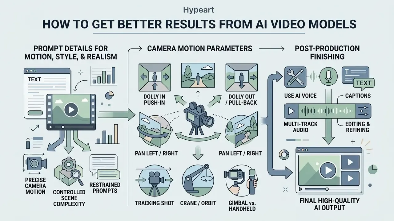Infographic detailing prompt strategies, camera motion techniques, and post-production for AI video models