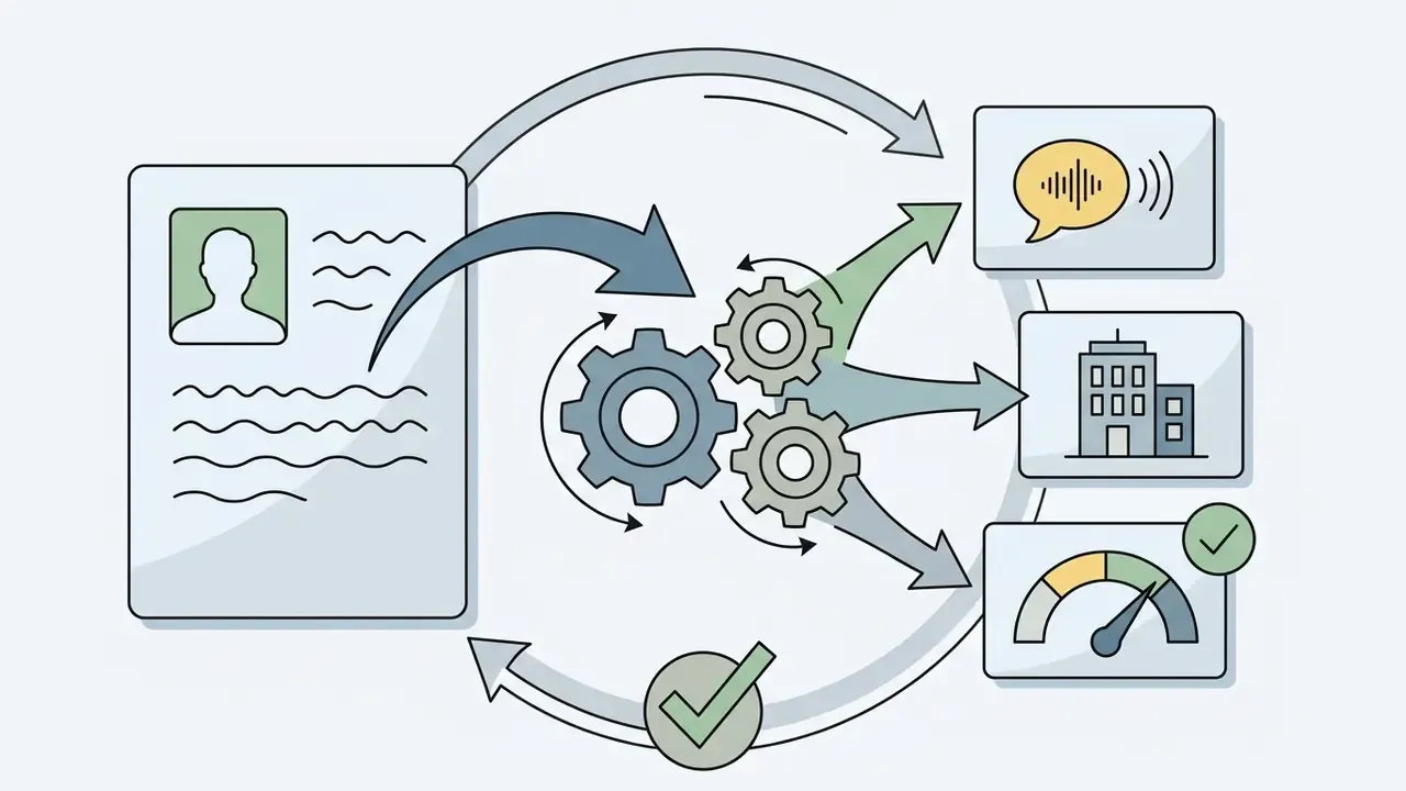Document profile feeding into a gear system that outputs audio, location, and performance metrics