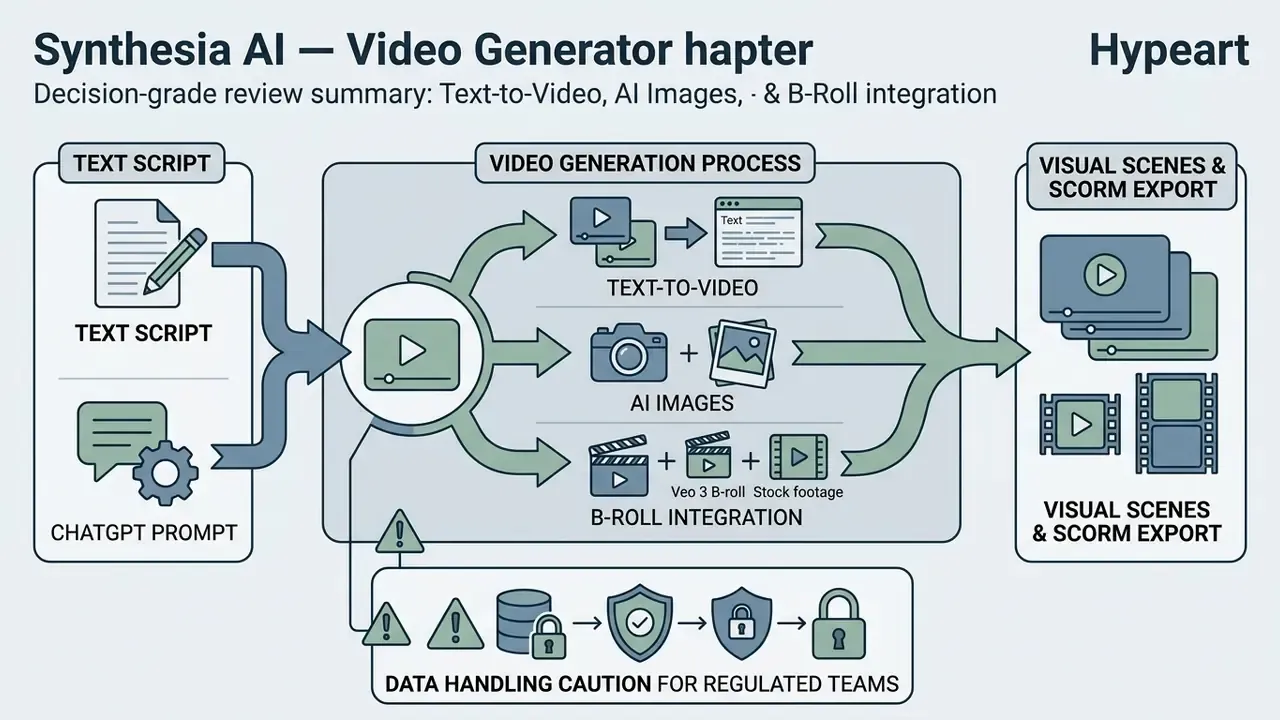 Infographic showing the synthesia ai video generator workflow from text scripts to final visual exports
