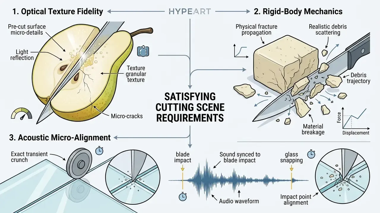 Diagram detailing technical requirements for realistic cutting simulations involving physics and audio
