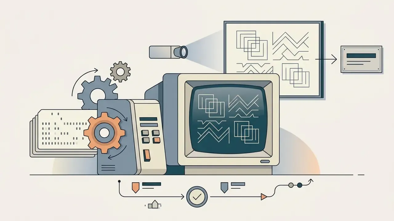 Punch cards feeding into a computer that displays geometric line art on a screen and projects it