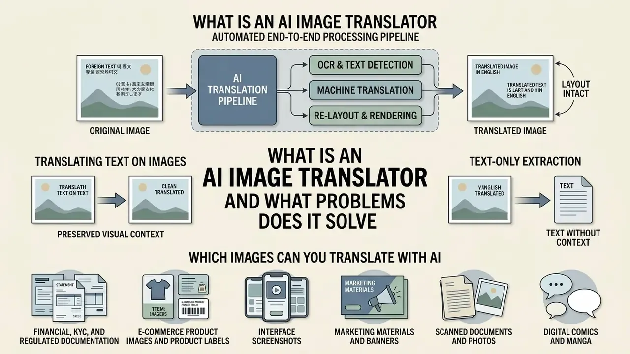 Diagram showing an AI image translator pipeline converting original images into translated versions