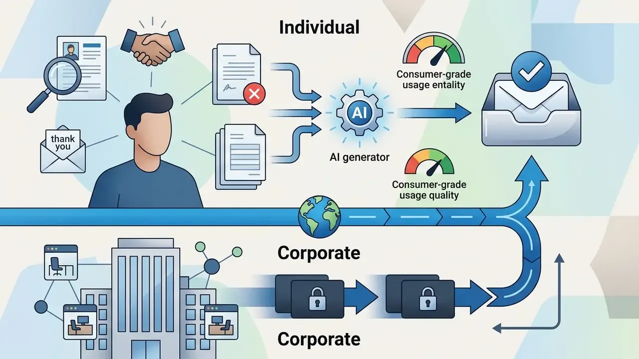 Individual and corporate workflows showing separate paths for personal tasks and secure business data