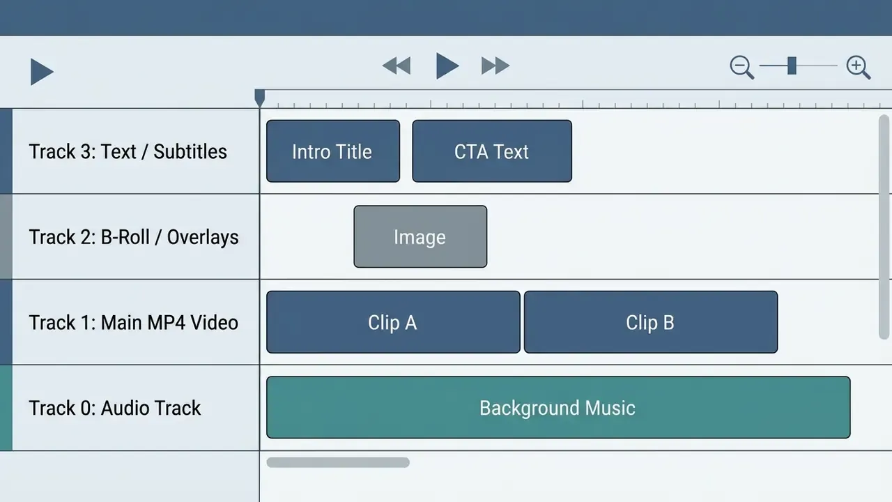 Video editor timeline with separate tracks for text, overlays, video clips, and background music