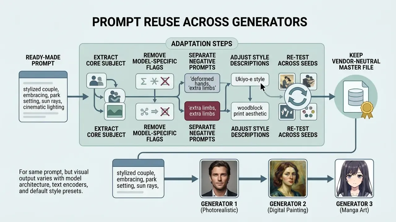Diagram detailing steps to adapt and reuse AI image prompts across different generator platforms