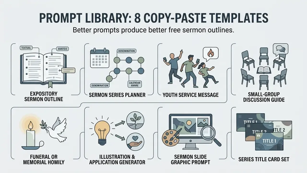 Icons representing eight distinct AI sermon generator templates for ministry planning and presentation