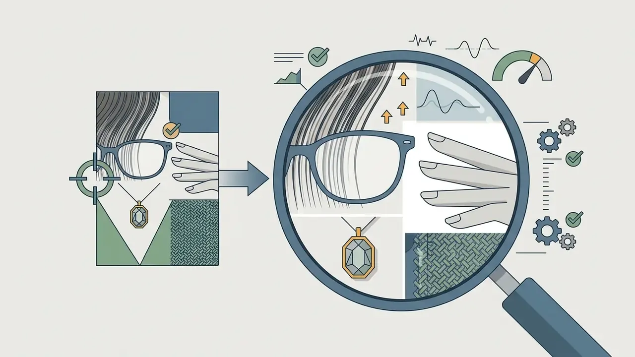 Magnifying glass enlarging fine details like hair and jewelry to inspect edge quality for video editing