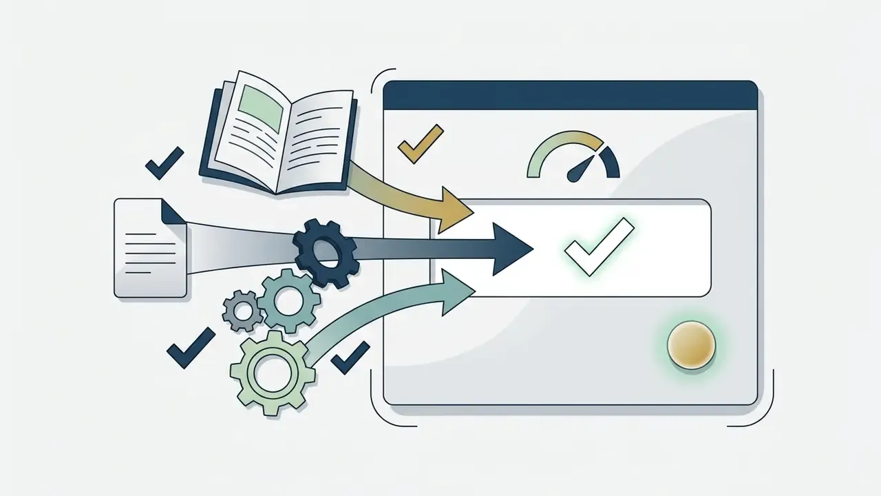Document and book content flowing through gears into a digital interface with a checkmark
