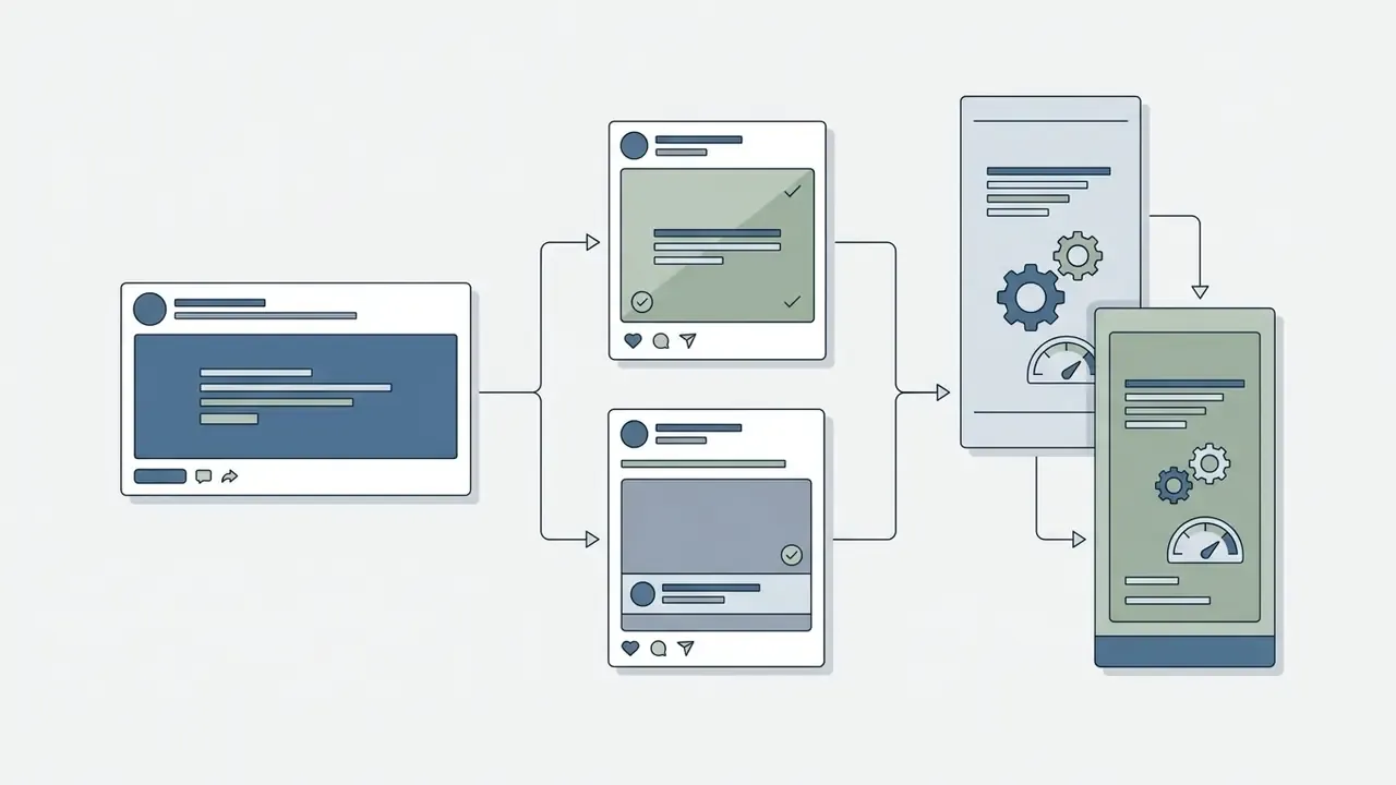 Series of connected icons showing social media posts being processed into optimized mobile video formats