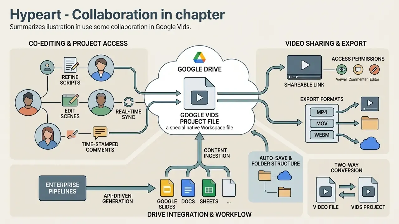 Diagram showing collaborative workflows, cloud storage integration, and export options for Vids projects