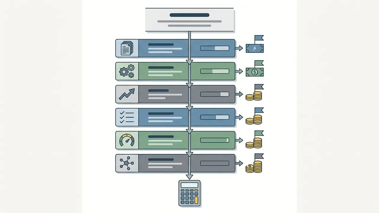 Vertical flowchart showing sequential steps with icons leading to a calculator for AI video pricing